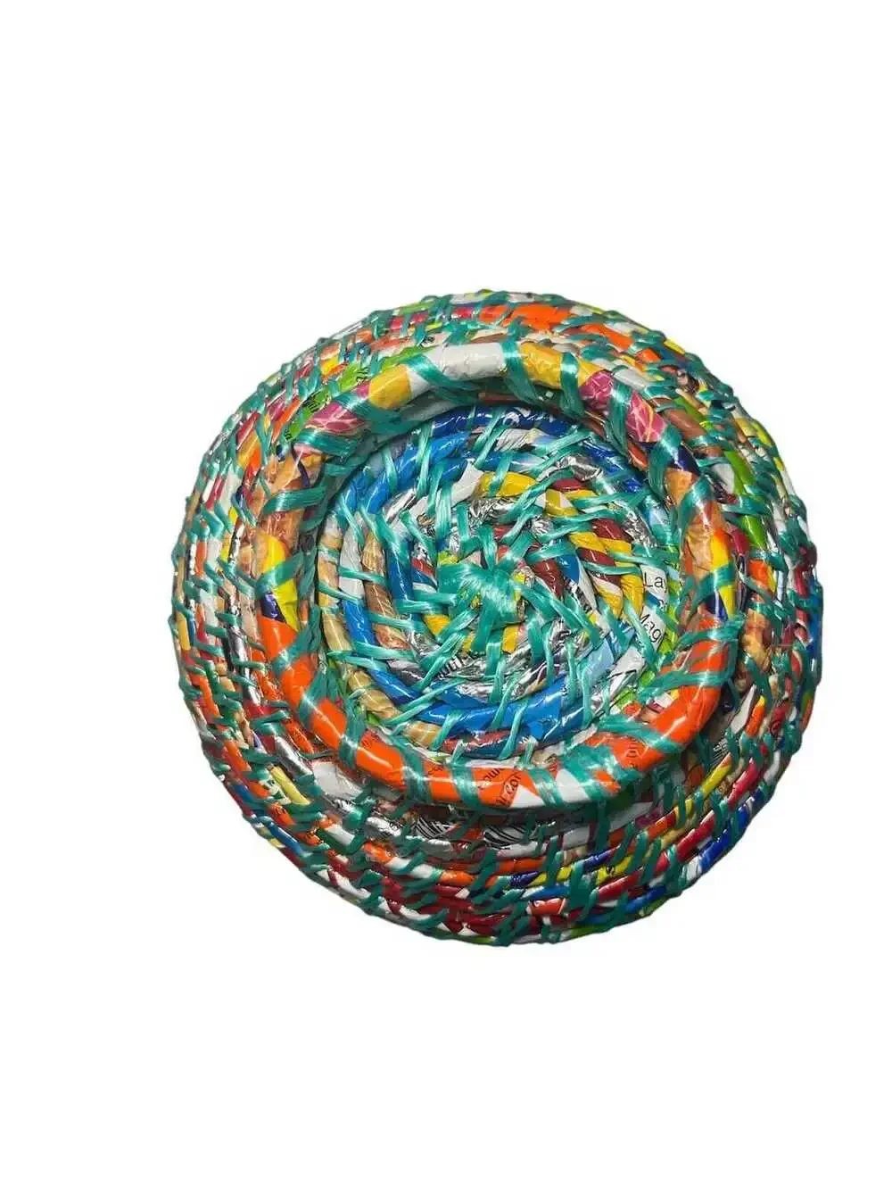 Vibrant Multicolor Footed Upcycled Wrappers Woven Decorative Bowl From Nepal
